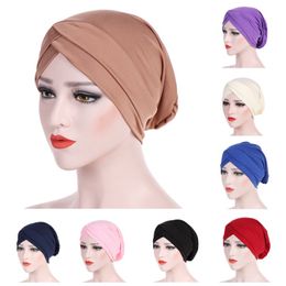 New Arrival Fashion Women Polyester Muslim Stretch Turban Hat Chemo Cap Hair Loss Head Scarf Wrap Cap High Quality 192f
