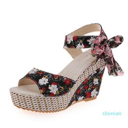 Hot sale-Women Sandals Summer Wedge High Heels for Ladies Bohiemia Style Floral Print Female Sandals Beach Height Increasing Shoes
