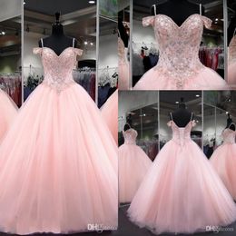 Pink Ball Gown Quinceanera Dresses Off Shoulder Crystal Beaded Tulle Open Back Sweet 16 Puffy Floor Length Party Pageant Prom Evening Gowns