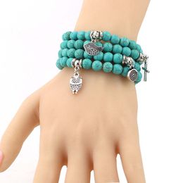 Turquoise Beaded Bracelets Strand Owl Elephant Tree of Life Charm bracelet Bangle Cuffs for Women fashion jewelry will and sandy gift