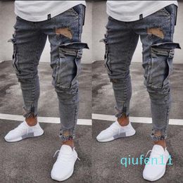 Hot sale-New Fashion Washed Jeans Mens Ripped Skinny Jeans Destroyed Frayed Slim Fit Denim Pocket Pencil Pant Size S-2xl