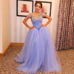 Illusion Sheer Crystal Beaded Prom Dresses Formal Party Dresses Ball Gown Middle East Arabic Lavender Evening Dresses Myriam Fares C175