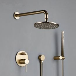 Solid Brass Brushed Gold Bath Bathroom Shower Head Rianfall Luxury Combo Faucet Wall-Mount Arm Hot And Cold Mixer Diverter Set