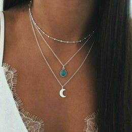 Women Multilayer Choker Necklaces Turquoise Sun Moon Pendant New Fashion Stone Jewellery Birthday Gifts Link Chain Necklace Gold Silver Colour