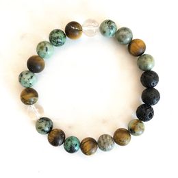 MG0895 African Turquoise Tiger Eye Bracelet Men`s Mix Crystals Bracelet Natural Lava Stone Energy Power Bracelet