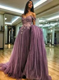 Off The Shoulder Prom Dresses Party A-line Tulle Islamic Dubai Kaftan Saudi Arabic Long Formal Dress Purple Evening Gown