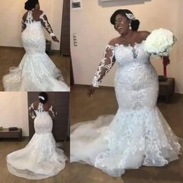 Sereia Plus Size Vestidos de Noiva Vestidos Noiva 2021 África Mangas Longa Rendas Malha Top Appliques Beads Tribunal Trem Vestido Vestidos de Novia