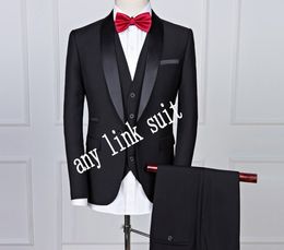 Popular One Button Black Groom Tuxedos Shawl Lapel Groomsmen Mens Suits Wedding/Prom/Dinner Blazer (Jacket+Pants+Vest+Tie) K533