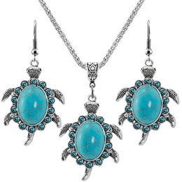 Wholesale Silver Plated Tortoise Shape Green Turquoise Stone Pendant Necklace Drop Earrings Animal Jewellery Sets