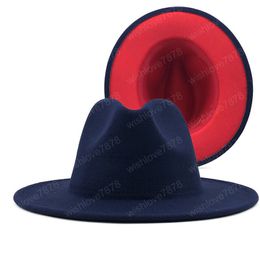 Unisex Outer Navy and red Inner Red Wool Felt Jazz Fedora Hats with Thin Belt Buckle Men Women Wide Brim Panama Trilby Cap