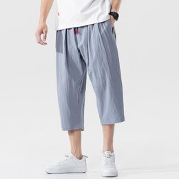 Cotton Linen Mens Harem Pants Summer Male Casual Calf-Length Pants 2020 Solid Loose Hip Hop Baggy Trousers Streetwear