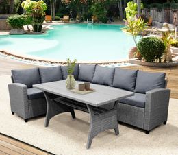 Dining Table Set Outdoor Furniture PE Rattan Wicker Conversation Set All-Weather Sectional Sofa Set with Table & Soft Cushions SH000073AAE