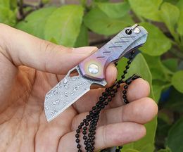 High End H017 Mini Small Flipper Folding Knife 9Cr18Mov Damascus Steel Blade TC4 Titanium Handle Ball Bearing EDC Knives