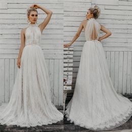 Bohemia High-neck Wedding Dresses Sexy Sleeveless Lace Appliqued Chapel Bridal Gown Custom Made Beach Vestidos De Novia