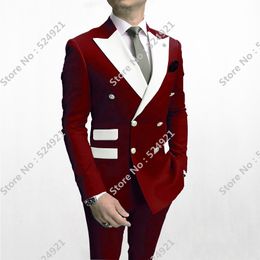 Double Breasted Men Suits Dark Red and White Groom Tuxedos Peak Lapel Groomsmen Wedding/Prom Best Man 2 Pieces ( Jacket + Pants +Tie ) L583