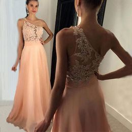 Blush Pink Evening Dress Elegant 2020 One Shoulder Appliques Lace Beaded Ruched Waist Sash Chiffon Prom Dress Re Soiree Robe