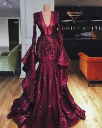 Burgundy Sequins Beaded Mermaid Prom Dresses 2021 Arabic Luxury Glitter Evening Gowns Long Sleeves Puffy V Neck Women Formal Dress