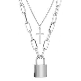 Cross lock Necklace double layer Chains necklace pendants Fashion women hip hop jewelry