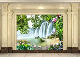 Custom 3d wallpapers beautiful scenery wallpapers Waterfall Big Tree Lotus Nine Fish 3D Landscape wallpapers Painting Background Wall