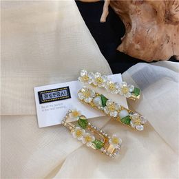 MENGJIQIAO Hot Sale Green Leaf Hairgrips Jewelry Handmade Elegant Pearl Flower Hairpins For Women Gilrs Wedding Accessories
