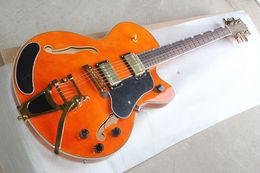 Factory Custom hollow Orange Electric Guitar with Gold Hardwares,Tremolo System,Black Pickguard,Can be Customized