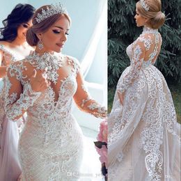 New Luxury Dubai Champagne Mermaid Wedding Dresses High Neck Lace Appliques Long Sleeves With Detachable Train Plus Size Formal Bridal Gowns