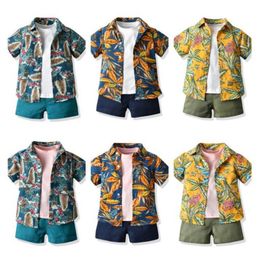 Kids Designer Clothes Boys Printed Shirts Solid Tops Shorts 3pcs Sets Short Sleeve Children Boy Outfits Summer Holiday Kids Clothing DW5728