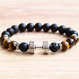 MG0776 Men`s Fitness Dumbbell Charm Bracelet 8 mm Tiger Eye Lava Stone Bracelet Weight Lifting Body Building Training Jewelry