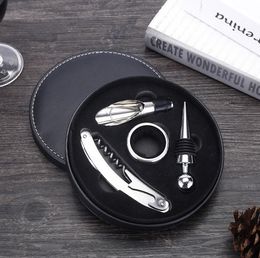 4PCS Red Wine Bottle Opener Set Stainless Steel Wine Opener Gift Set Round Leather Box Wine Kits Stopper Pourer Accessories Sets SN1441