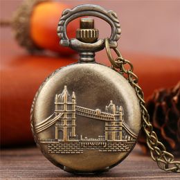 Vintage Bronze 3D UK London Tower Bridge Theme Case Pocket Watch Quartz Analog Clock With Necklace Chain reloj de bolsillo