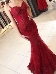 Popular New Style Sweetheart Spaghetti Straps Appliques vestido fiesta Red Prom Dress Lace Mermaid Long Evening Prom Dresses