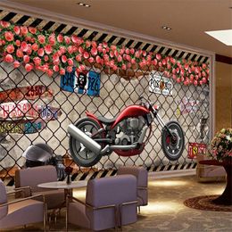 Milofi wall painting Europe and America nostalgic cement wall rose flower license plate motorcycle tooling background wall