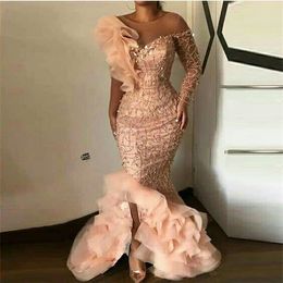 Mermaid Beaded Pink Prom Dresses Ruffles Long Sleeve Jewel Neck Side Split Evening Gowns Sweep Train Formal Dress