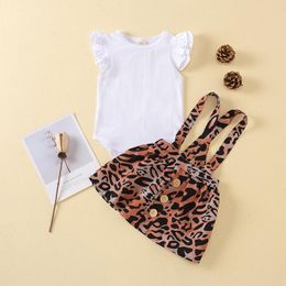 Baby Girls Skirt Suit Solid Color Ruffle Baby Romper Infant Short Sleeve Onesies Kids Leopard Printed Strap Dress 6-24M