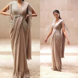 Gorgeous V Neck Sheath Evening Gowns With Tassel Cap Sleeve Pleated Floor Length Prom Dresses Dubai Robe De Soiree Custom Made