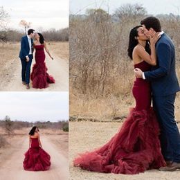 Burgundy Tulle Ruffle Wedding Dresses Mermaid Style 2021 Strapless Open Back Country Bridal Dress For Women Plus Size Wedding Dress