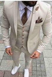 Fashion Beige Groom Tuxedos Notch Lapel Slim Fit Groomsman Wedding Tuxedos Men Prom Jacket Blazer 3 Piece Suit(Jacket+Pants+Tie+Vest) 29