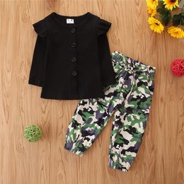 Spring Autumn Newest Infant Kids Girls Short-sleeved Trousers Suit Fashion Single-breasted T-shirt and Elastic Camouflage Pattern Long Pants