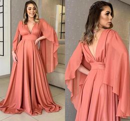 Coral Long Sleeve Evening Dresses Arabic Aso Ebi Large Size V Neck A Line Chiffon Party Formal Gowns Backless Women Prom Dresses