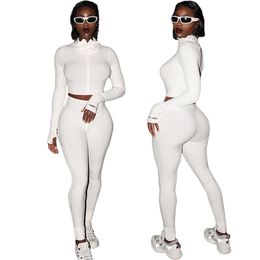 Women 2 Piece Sets Long Sleeve Outfits Activewear Fitness Tracksuit Short Crop Top Leggings Lady Two Piece Pants Zipper Slim