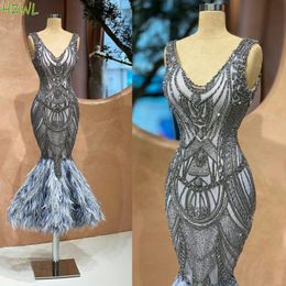 2021 Major Beading Mermaid Prom Dresses Feather Skirt V Neck Luxury Crystal Party Celebrity Gowns Handmade Evening Dress