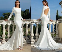 Glamorous White Satin Wedding Dress Plus Size Long Sleeves Backhole Simple Zipper Up With Buttons Mermiad Bridal Dresses