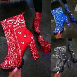 Totem Printing мода ботильоны для женщин толстые каблуки осень зима стая платформы обувь на высоких каблуках на молнии женские сапоги красные