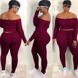 Hot sale-Plus Size Fashion Women's Sexy 2 Pieces Off Shoulder Long Sleeve Crop Top and Long Pant Bodycon Jumpsuit Skinny Romper