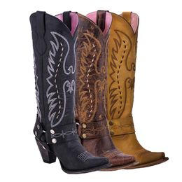 New Vintage Fashion Women's Vagabond Harness Western Boots Leather Embroidery Cowgirl Snip Toe Knight Boots Woman Large Size