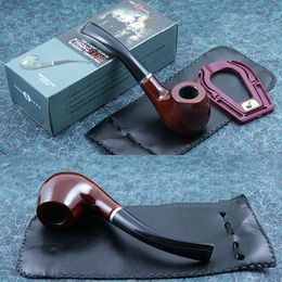 50pcs Free Shipping Classic Wooden Smoking Tobacco Pipe Black Bent Stem with Filter Red Stand and Black Pouch