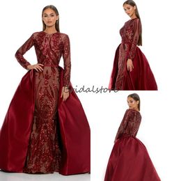 Mermaid Muslim Evening Dresses With Detachbale Train Long Sleeves Burgundy Sequin Prom Dresses African Wear 2020 Trend Plus Size Formal Gown