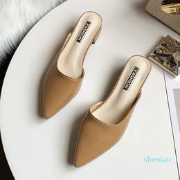 Hot sale-Sexy Pointed Toe Womens Slippers Slip On Ladies Mules Low Heel Woman PU Leather Pumps Summer Casual Slides Female