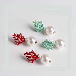 Imitation Red Coral Deer Antler Earrings White Faux Pearl Stud Christmas Earrings Fashion Xmas Gift Jewellery Holiday Party Ear Accessories