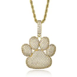 Europe and America Hot Fashion Necklace Gold Silver Colour Bling Ice Out CZ Stone Bear Paw Pendant Necklace with 24inch Rope Chain